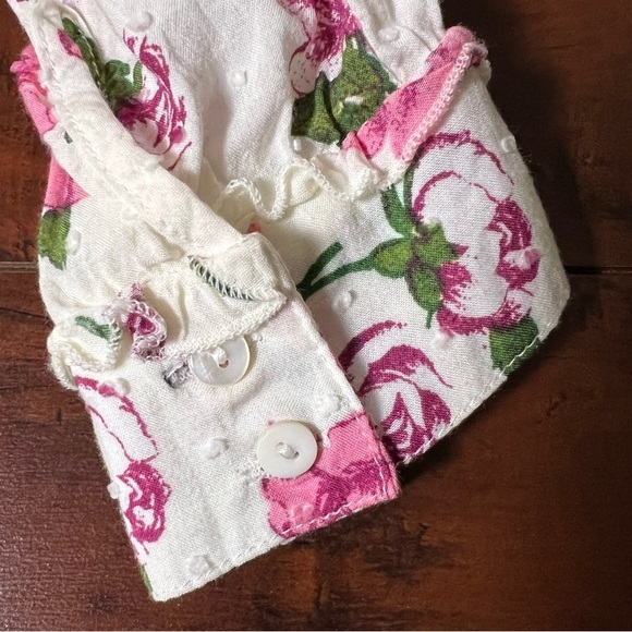 MODCLOTH Floral Blouse Swiss Dot White Pink Tie Front Long Sleeve Size Medium - Picture 5 of 9
